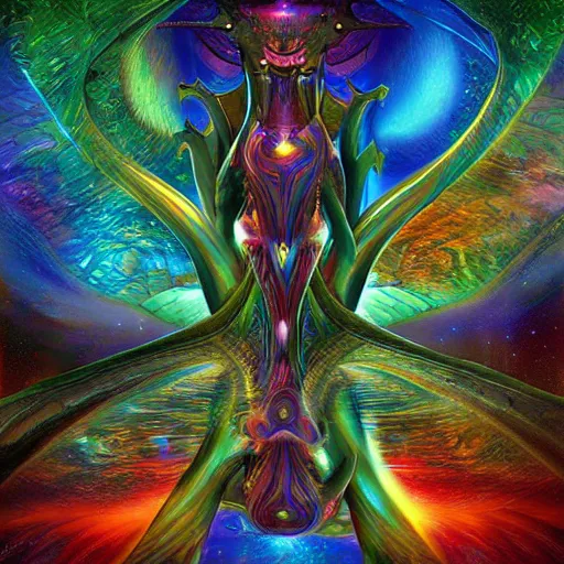 Image similar to dmt trip puzzle serpent mathematical object metaverse by raymond swanland, highly detailed, bright tones