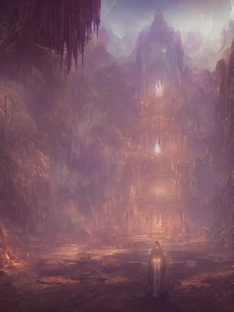 Prompt: a dream temple environment where one draws mystical energy into their heart, background art, pristine concept art, symmetrical, in the style of Ross Tran and WLOP