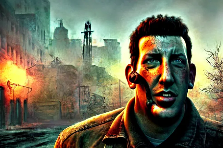 Image similar to fallout 5, adam sandler closeup, portrait, outdoors european cityscape, atmospheric lighting, painted, intricate, volumetric lighting, beautiful, daytime, winter, clear weather, mutated wildlife, sharp focus, deep colours, ultra detailed, art by william turner