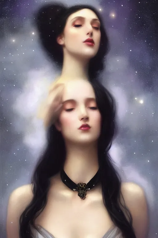 Image similar to Nocturne, glowing, stars, a long-legged elegant sultry woman, long black hair with white tips, pearl choker, highly detailed, mysterious, ethereal, dressed in black velvet, haute couture, illustration, dramatic lighting, soft details, painting, by Edmund Blair Leighton, Brom, Charlie Bowater, trending on artstation, faces by otto schmidt