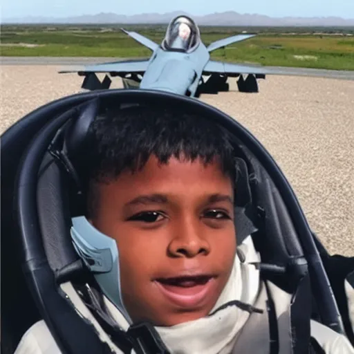 Image similar to Selfie of child joyriding in stolen fighter jet