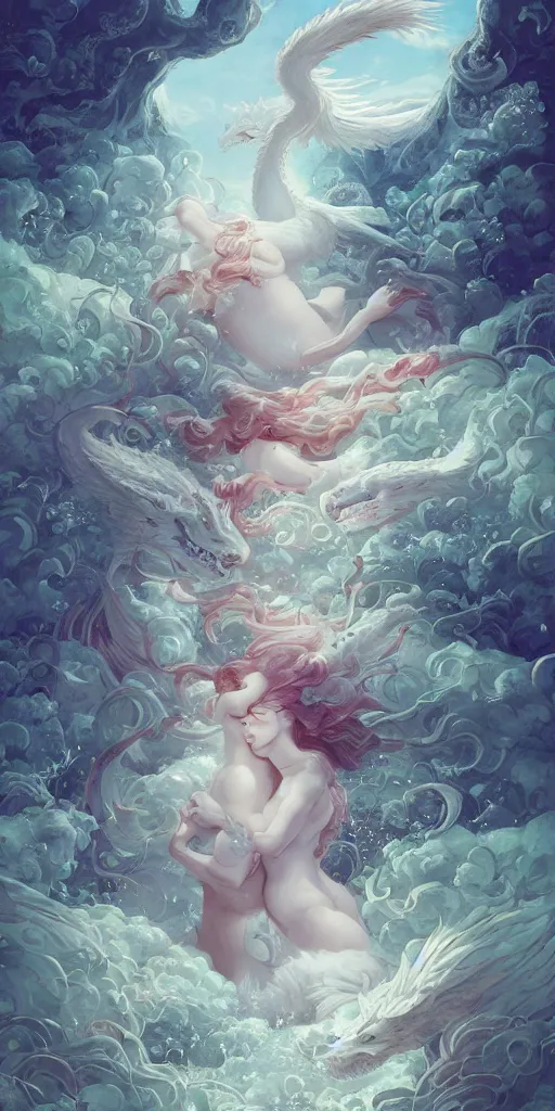 Image similar to the beautiful scene render that the girl lies in the arms of a huge white dragon in the fairyland surrounded by white clouds, in the style of victo ngai and peter mohrbacher peter mohrbacher artgerm, animation style, 8 k hd, trending on cgsociety, trending on artstation, ultra wide angle, animation style, hyperrealism, hyper detailed