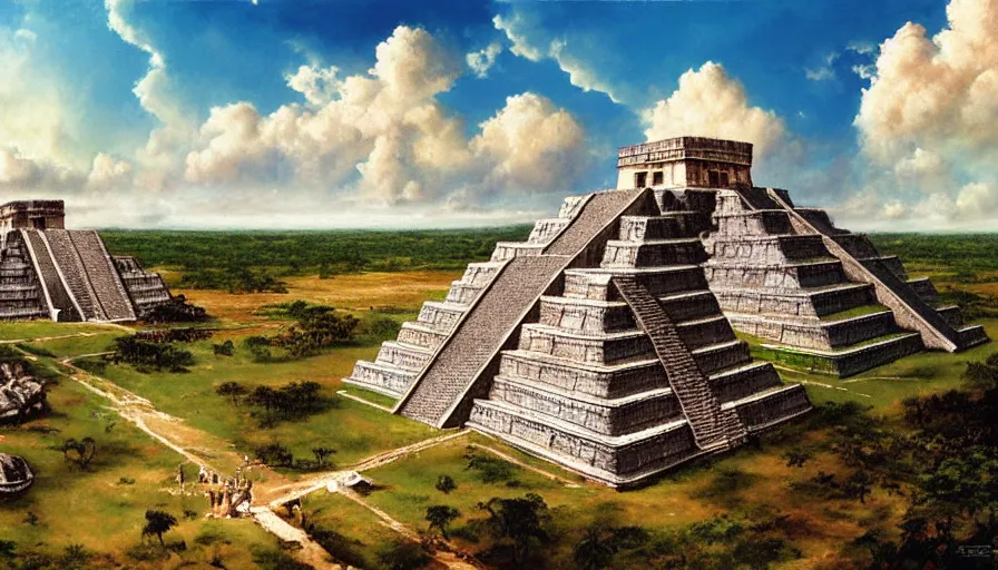 Image similar to excellent painted mayan city Chichen Itza 900 AD in a wide epic beautiful landscape somewhere in mexico with fluffy clouds, painted by Hans Fredrik Gude, Greg Rutkowksi, Craig Mullins and Artgerm, masterpiece, 4k, ultra realistic highly detailed oil painting