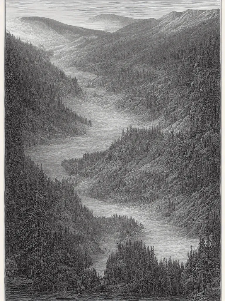 Image similar to an engraving of yellowstone national park by gustave dore and albrecht durer highly detailed, fog, depth, lithograph engraving, storybook illustration