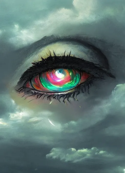 Image similar to a beautiful painting of a single all-knowing eye in a cloudy sky, fantasy art, matte painting, beautiful colors