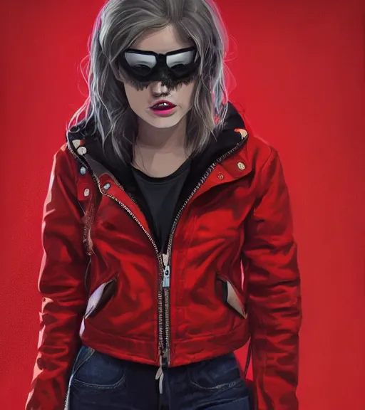 Image similar to a girl wearing a red jacket, punk mask, highly detailed, digital painting, artstation, concept art, smooth, sharp focus, illustration