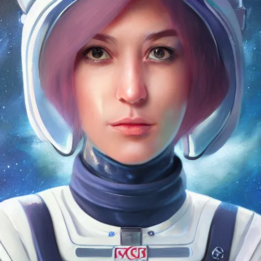 Image similar to epic portrait a space waitress with short sleeves and white uniform, long flowing hair, beauty, pretty face, glossy skin, glossy lips, fit, digital painting, artstation, concept art, soft light, hdri, smooth, sharp focus, illustration, fantasy, intricate, elegant, highly detailed, D&D, matte painting, in the style of Greg Rutkowski and Alphonse Mucha and artemisia, 8k, highly detailed, jurgens, rutkowski, bouguereau, pastoral, rustic, georgic