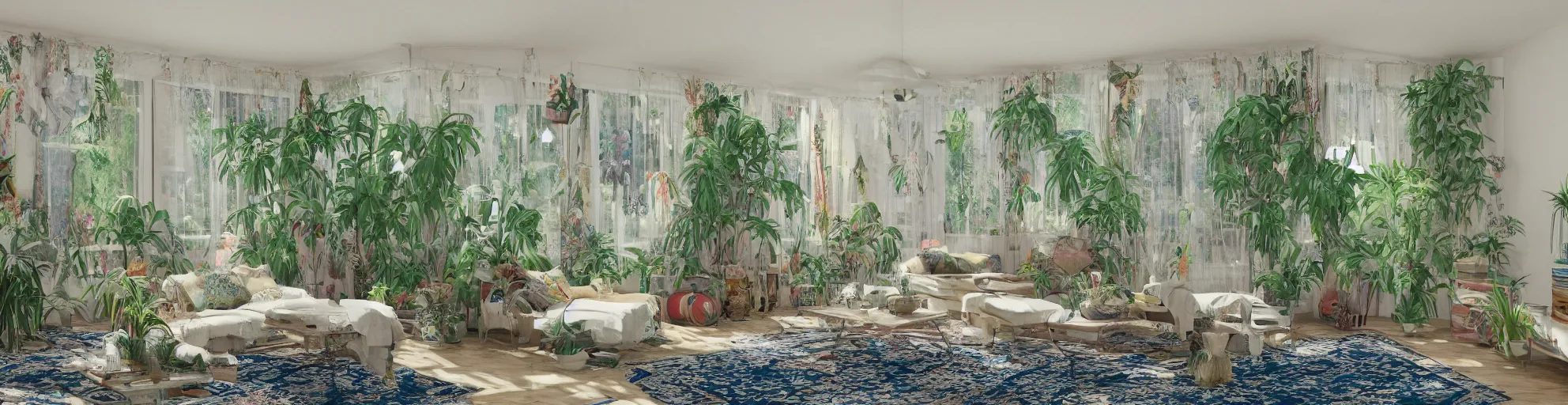 Image similar to 1 9 6 9 living in an older house, hippie pad, hippie chic, antiques, tropical houseplants, beaded curtains, posters on the walls, persian rugs, artstation, v - ray render, 8 k