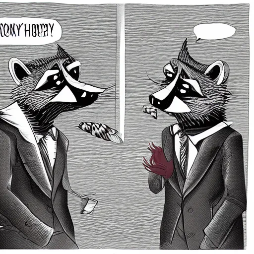 Image similar to two anthropomorphic raccoons arguing over the last chicken drumstick, raccoons wearing suits, fancy dinner, highly detailed, photorealistic