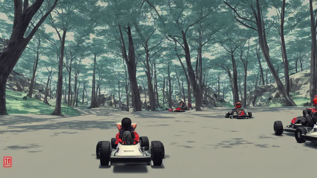 Prompt: I am following Sheldon Evans, driving around in go-karts, very high detailed screen print by Kawase Hasui and dan hillier, 8k unreal engine