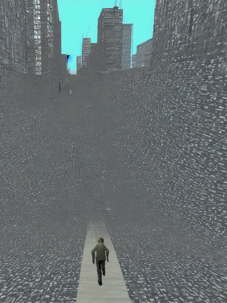 Image similar to PS1 game, man walking in city third person, static white noise glitching in the sky