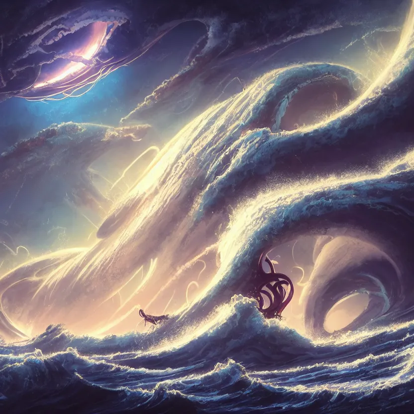 Image similar to treasure planet, giant octopus monster in a stormy sea with huge waves, huge tentacles, clouds, stars, rings, beautiful lighting, vivid colors, intricate, elegant, smooth, concept art, cinematic, unreal engine, wallpaper, by syd mead, terada katsuya, atey ghailan, svetlin velinov, makoto shinkai art style