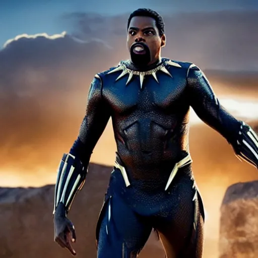 Prompt: film still of Chris Rock as T’Chala in Black Panther movie