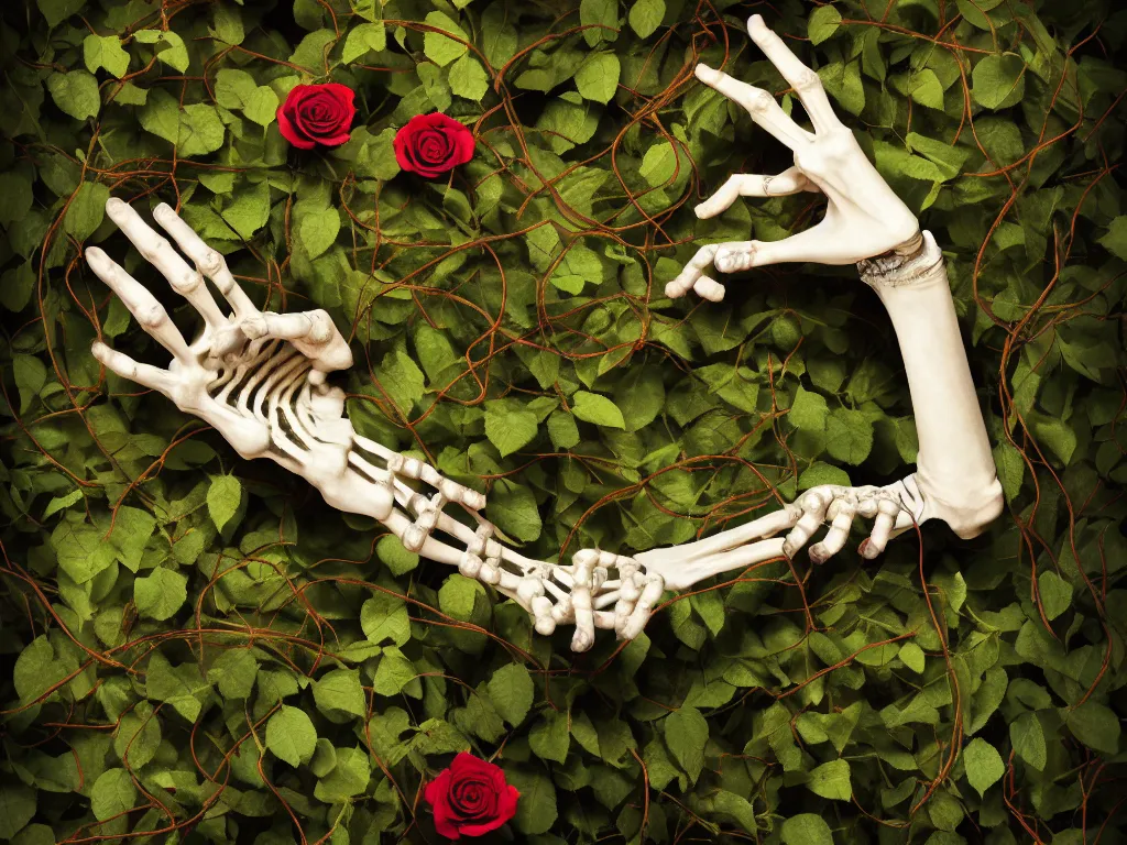 Image similar to a skeleton hand reaching out of the ground, roses and vines sprouting and wrapping around the hand, kintsugi, ornamented diaphanous jewelry, forest in background, 4k, trending on artstation, photorealistic, volumetric lighting, octane render,