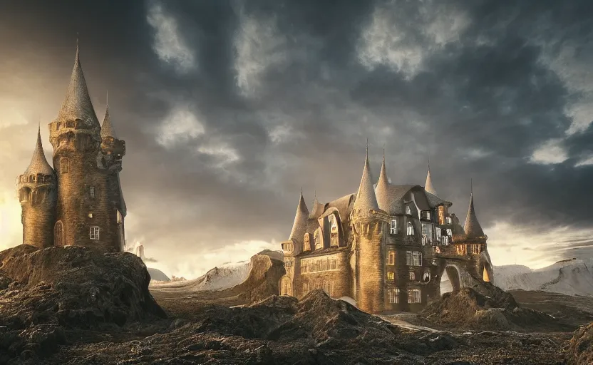 Prompt: medieval baroque castle made of crystal shards, epic landscape, iceland photography, cinematic, octane render, 8 k, art station, dramatic lighting, beautiful dusk sky, concept art, rococo, photo realistic, intense detail