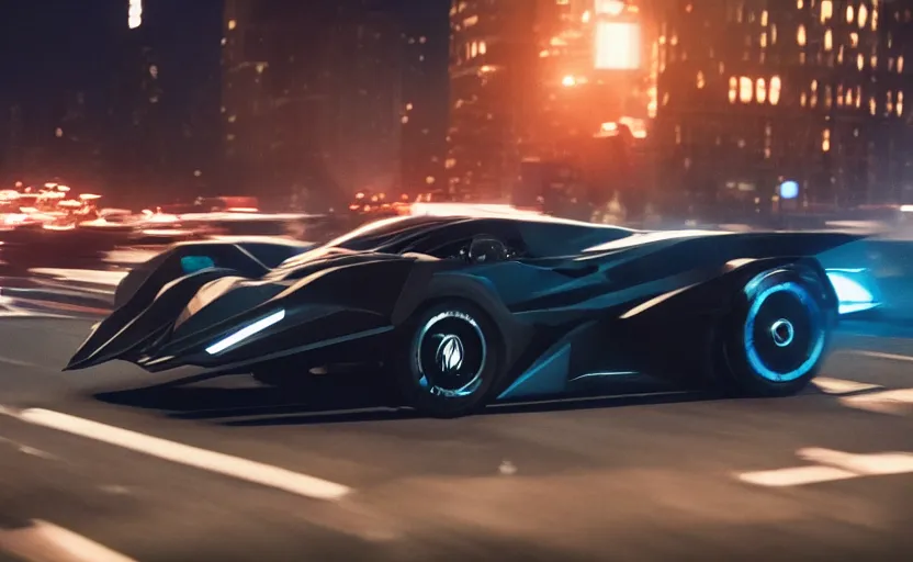 Image similar to A film still of the 2025 Batmobile prototype racing through Gotham at night, 8k