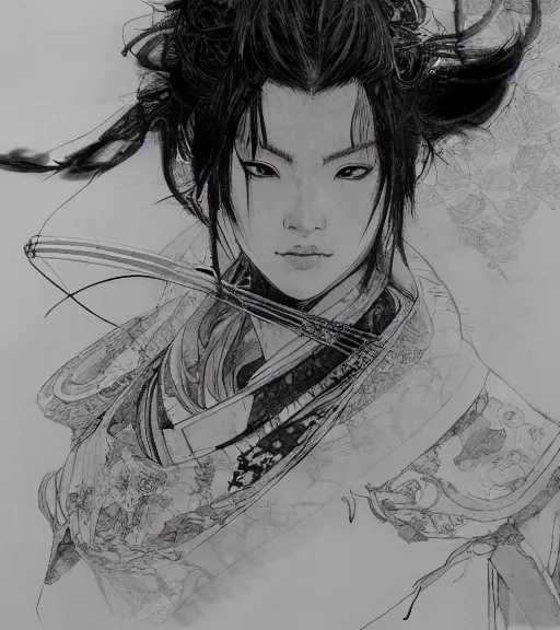 Prompt: portrait of samurai anime woman, pen and ink, intricate line drawings, by craig mullins, ruan jia, kentaro miura, greg rutkowski, loundraw