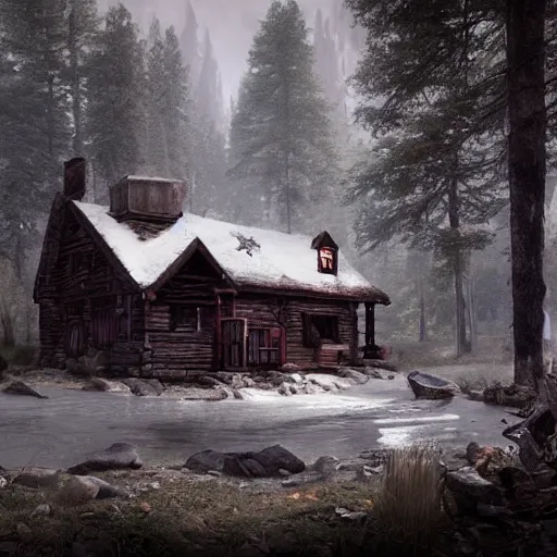 Prompt: dream render of a gorean homestead in the woods, matte painting, digital painting, art by patrick moncrief, 3 d, environment visualization, games, animation, video games, aaa