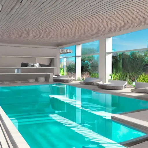 Image similar to a sunlit indoor lounge area with a pool with clear water and another pool with translucent pastel pink water, next to a big window, digital art