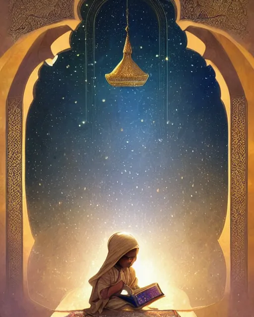 Prompt: bedouin child reading the quran inside of the mosque in the galaxy surrounded by nebula, highly detailed, gold filigree, romantic storybook fantasy, soft cinematic lighting, award, disney concept art watercolor illustration by mandy jurgens and alphonse mucha and alena aenami, pastel color palette, featured on artstation