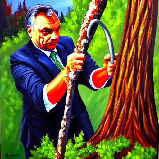 Image similar to viktor orban chopping a tree, oil painting