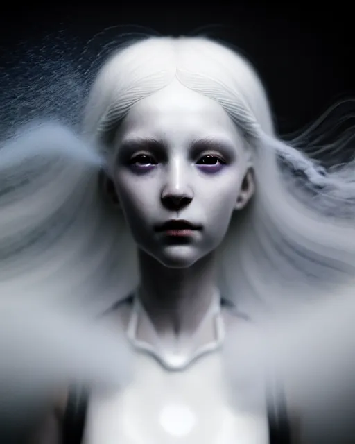 Image similar to monochrome, delicate, dreamy, feminine, subsurface scattering, white, young beautiful robot - cyborg in cosmos long white hair floating in air, fluid smoke art, black and white, octane render, dino valls, mark ryden, joe fenton, michal karcz, highly detailed, rim light, art, cinematic lighting, hyper realism, 8 k