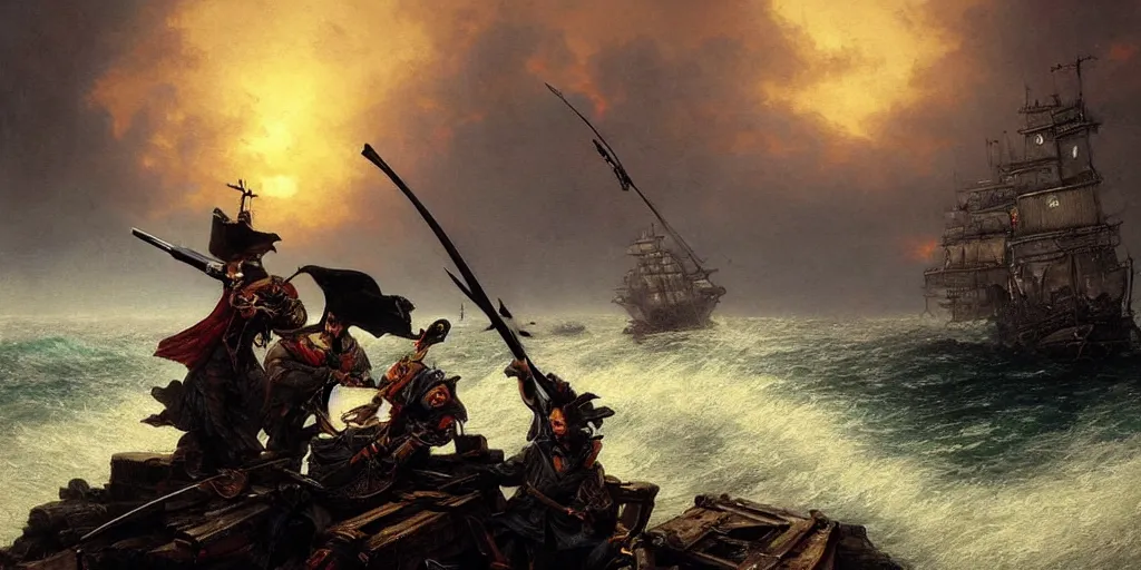 Image similar to two pirates facing each other in death duel, axes, gun, smoldering barrel, gunpowder smoke, dramatic, bloody scene, sunset background, ship on the horizon!, portrait 4 / 3, high detail, greg rutkowski, james gurney, gene wolfe, gustave dore, jesper ejsing, rhads, makoto shinkai, ilya kuvshinov