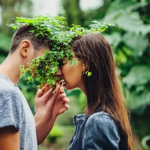 Image similar to a couple with plants growing out of their heads watering each other