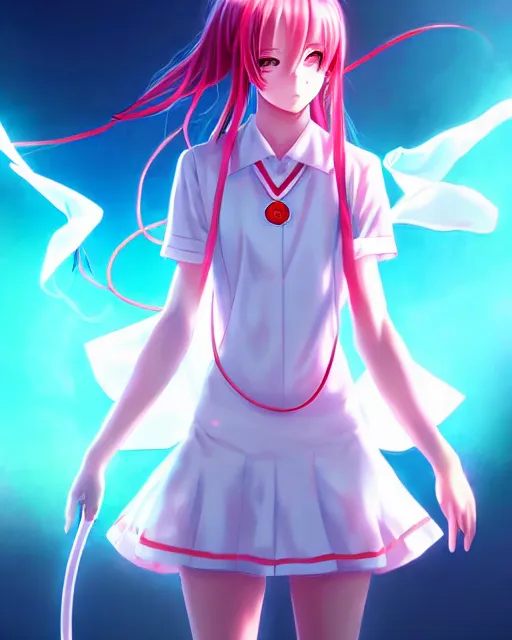 Image similar to anime style, vivid, expressive, full body, 4 k, painting, a cute magical girl with a long wavy hair wearing a nurse outfit, correct proportions, stunning, realistic light and shadow effects, neon lights, studio ghibly makoto shinkai yuji yamaguchi