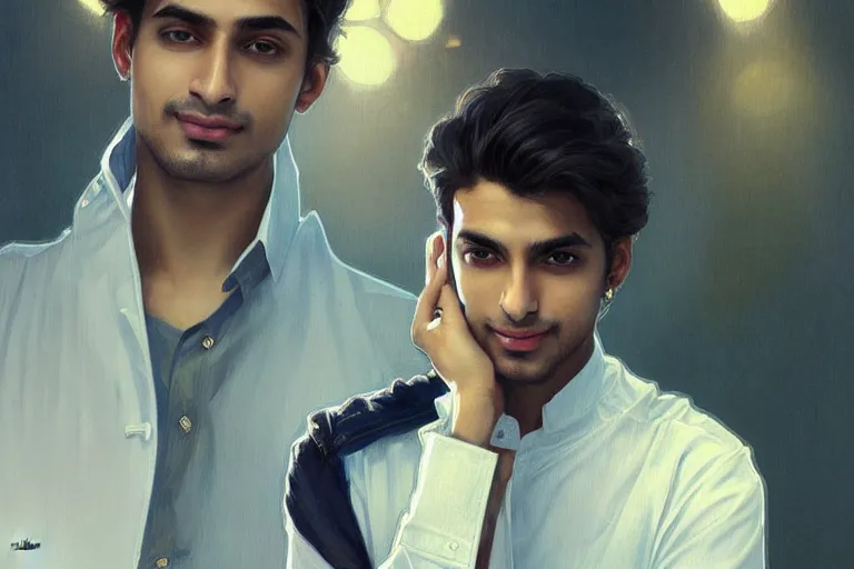 Image similar to Anxious good looking pale young Indian doctors wearing jeans and shirts at the airport, portrait, elegant, intricate, digital painting, artstation, concept art, smooth, sharp focus, illustration, art by artgerm and greg rutkowski and alphonse mucha