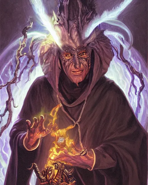 Image similar to portrait of Rick Sanchez as a powerful dungeons and dragons warlock, wearing dark robe, intricately detailed, lovecraftian, realistic, oil painting, by jeff easley, boris vallejo, cinematic lighting