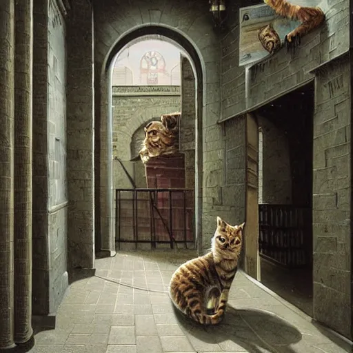 Prompt: detailed face of an intelligent scholarly cat with kind eyes in a architectonic victorian courtyard at a science expo, atmospheric, ambient, pj crook, syd mead, livia prima, artgerm, greg rutkowski, nick alm, casey baugh