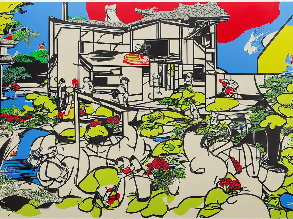 Prompt: detailed composition of the japanese home with a garden and a pond, 2 stormtroopers sitting around it, pop - art style, jacky tsai style, andy warhol style, roy lichtenstein style, rich palette, acrylic on canvas