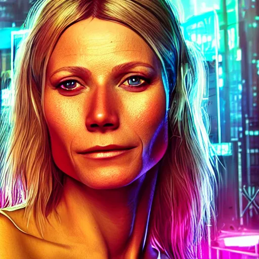 Image similar to gwyneth paltrow portrait, cyberpunk 2 0 7 7, cyberpunk judy alvarez, photorealistic, ultra detailed, neon, octane, bokeh, cinematic lighting, cyber, cyberpunk city, studio quality, feature, scars, cyberface, 8 k