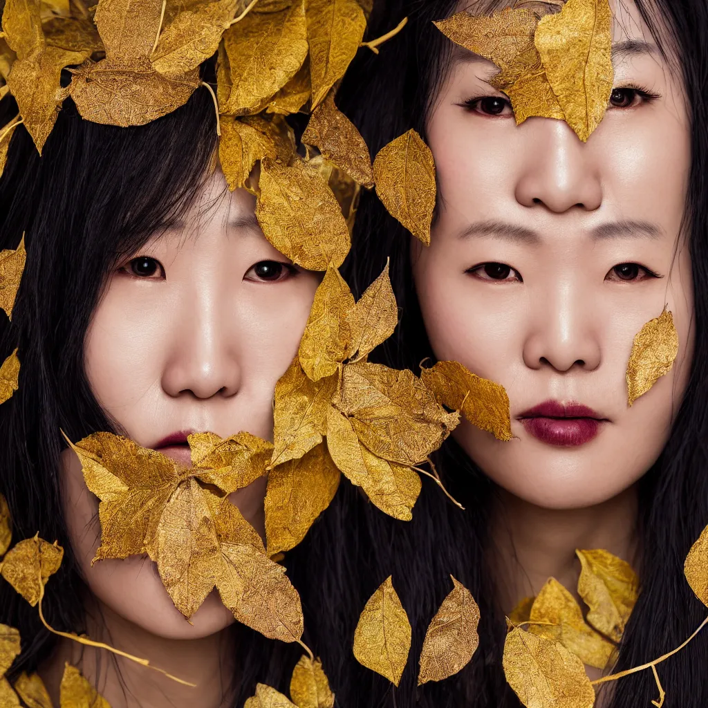 Prompt: close up portrait of a one korean woman, gold leaves, violet silk threads, venetian masks, mouth gags, fashion magazine, portrait photography, annie leibovitz, david lazar, 1 0 5 mm, in autumn, 8 k hd, detailed