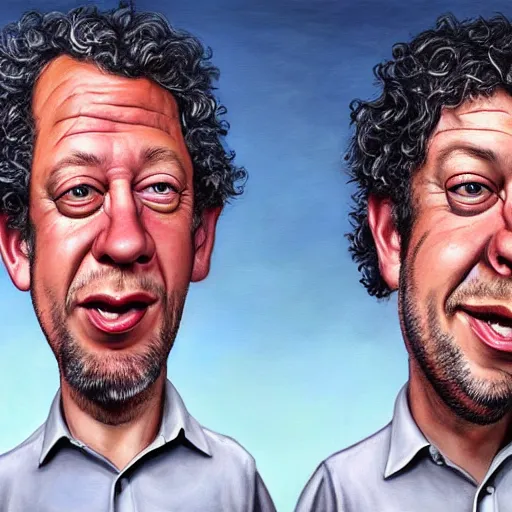 Prompt: Caricature portraits done of Gene Ween and Dean Ween, realistic, hyperrealistic, very realistic, highly detailed, very detailed, extremely detailed, detailed, oil painting, digital art, trending on artstation