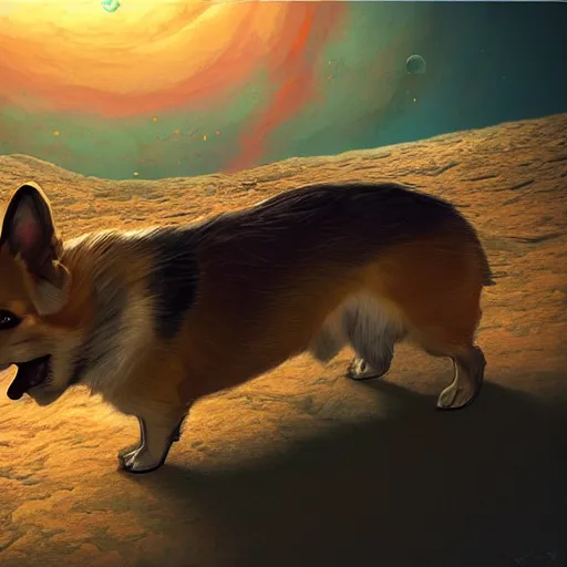 Image similar to corgi on mars concept art, ultra realistic, digital art, gothic, rich deep colors, smooth shadows, high resolution, cinematic