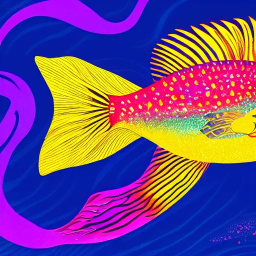 Prompt: one stylized fish with saturated colors in the ocean viewed in profile, seaweed, background with complex patterns and muted colors, sparkles, artstation, intricate, realistic, highly detailed, digital painting, concept art, sharp focus, illustration by tom whalen and charles williams and kilian eng and james jean