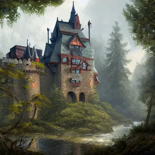 Image similar to a painting of a castle in the middle of a forest, a detailed matte painting by senior environment artist, cgsociety, gothic art, matte painting, rendered in unreal engine, artstation hq