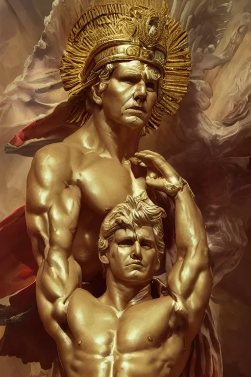 Prompt: President Donald J Trump as a Greek god, detailed face, gorgeous, amazing, muscular, fit, very muscular male body, Caesar victorious, proud Emperor , intricate, highly detailed, digital painting, artstation, concept art, sharp focus, illustration, art by greg rutkowski beeple and alphonse mucha