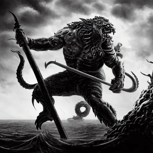 Prompt: warrior with shield fighting a kraken monster during a stormy night, rule of thirds, nestor canavarro hyperrealist, sharp outlines, cinematic style, lot of foam