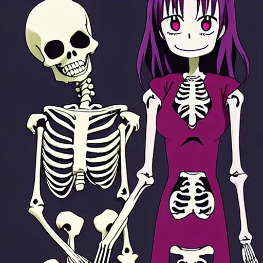 Image similar to a female necromancer and her skeleton friend, from a slice of life anime ; anime key visual by junji ito. tv anime series, kyoto animation.