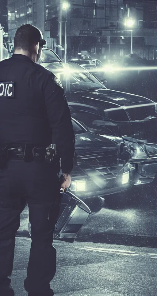 Image similar to man getting arrested by police, police car in background with bright police sirens, lens glare, dramatic lighting, cinematic, establishing shot, extremely high detail, photo - realistic, cinematic lighting