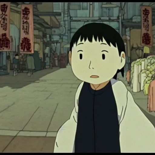 Prompt: a spirit looking for a hug, screenshot from the film spirited away by studio ghibli, lonely and sad, in a busy marketplace, sad