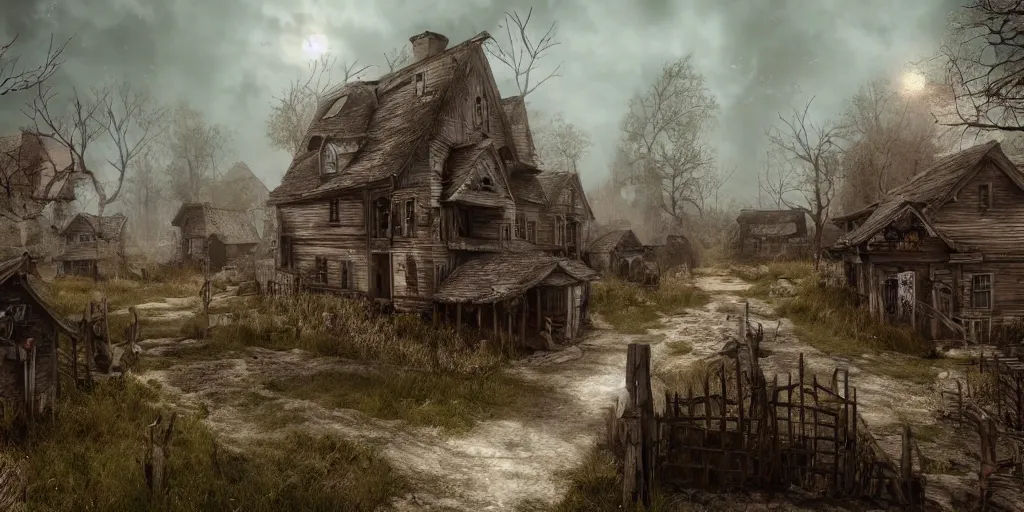 Image similar to haunted village full of ghosts, fantasy apocalypse, digital art, unreal engine 5, 4 k,