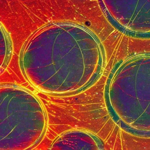 Prompt: vibrant hyper detailed photograph of particle tracks in a bubble chamber