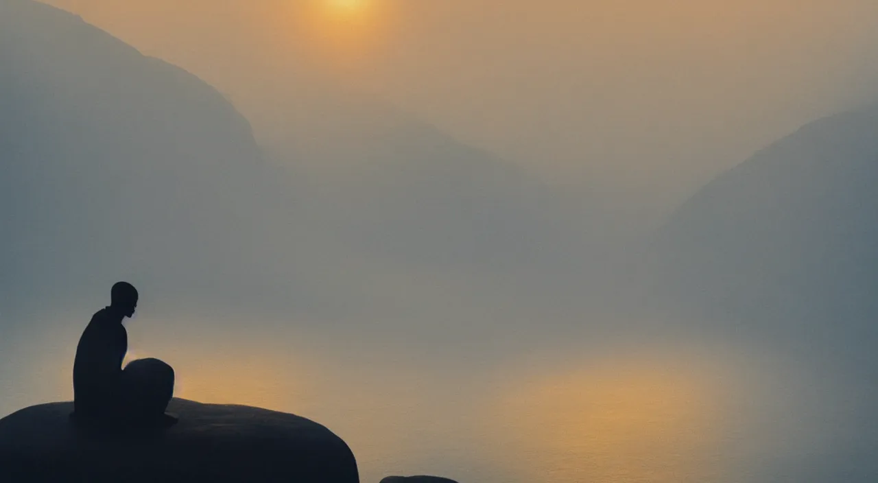 Image similar to anderson debernardi painted style a one silhouette of a meditating monk sitting in the fog on a stone protruding from the water in the rays of the morning sun