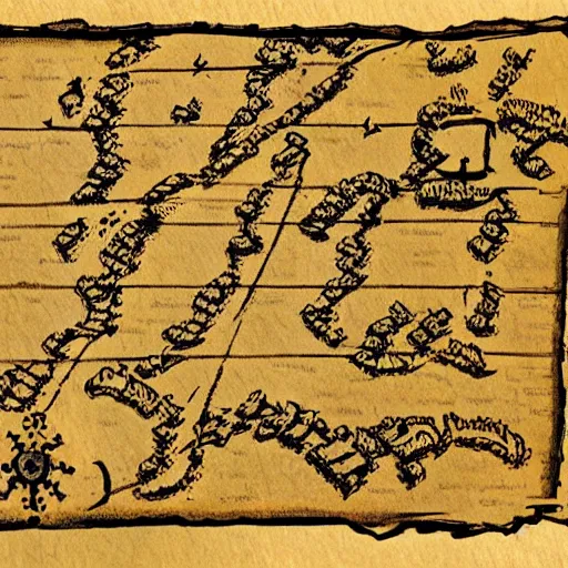 Image similar to scan of an old torn treasure map, pirates treasure map, hand drawn