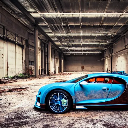 Image similar to an abandoned, derelict, rusty bugatti chiron in a dirty warehouse