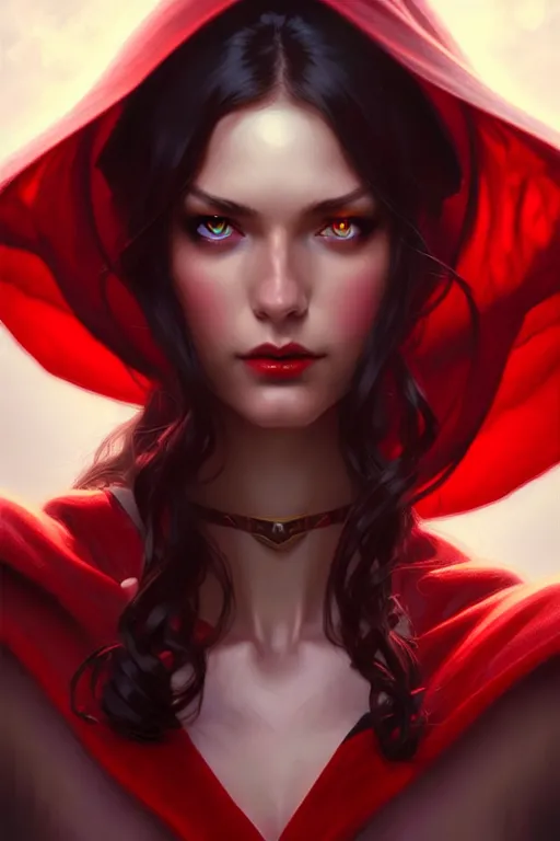 Image similar to tall girl, wonderful eyes, dark hair, red cape, long hair, deep focus, d & d, fantasy, sophisticated, elegant, high detail, digital painting, artstation, concept art, matte, clear focus, illustration, hearthstone, works by artgerm, greg rutkowski and alphonse mucha